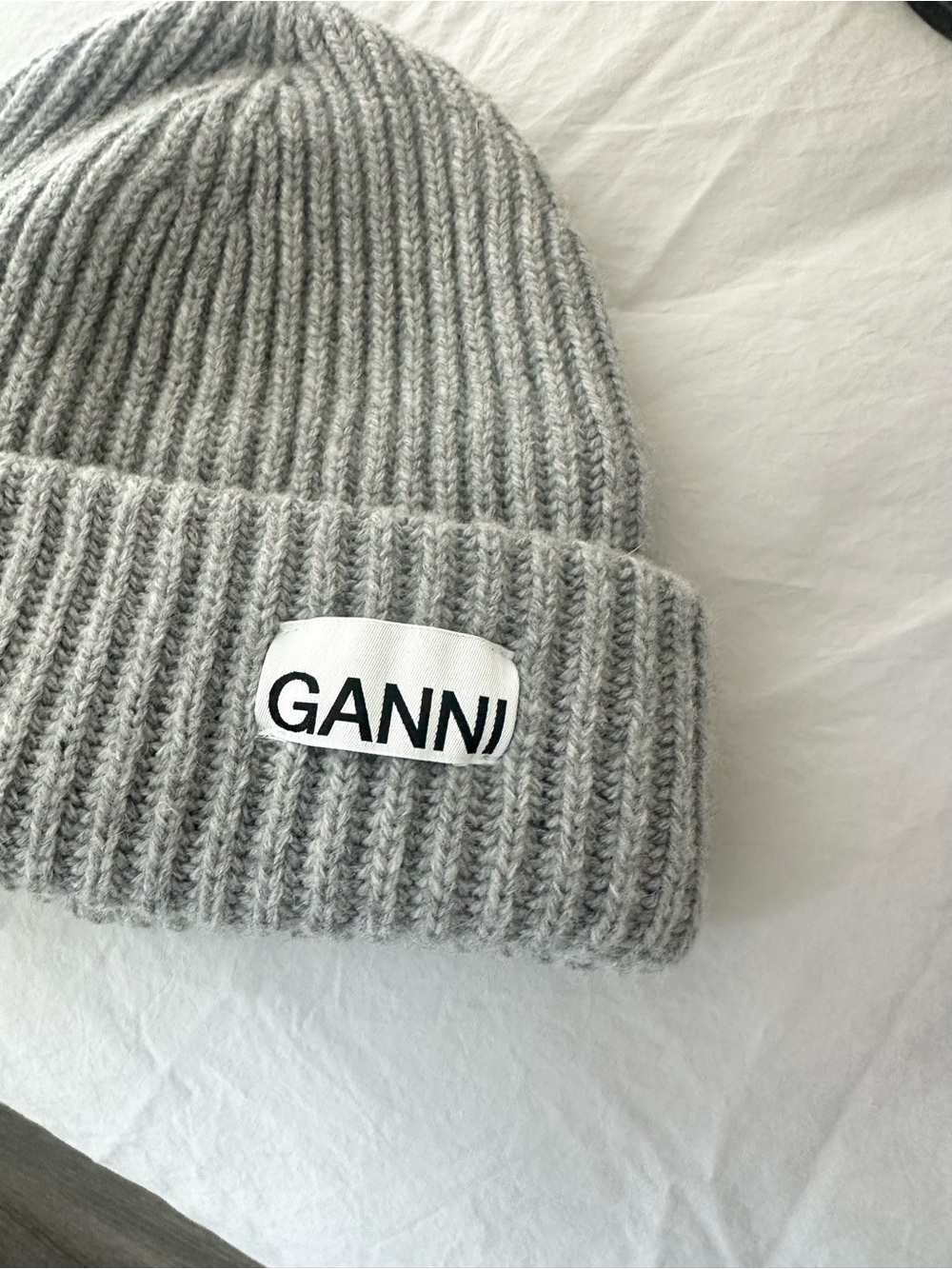 Ganni Gray Ribbed Wool Beanie